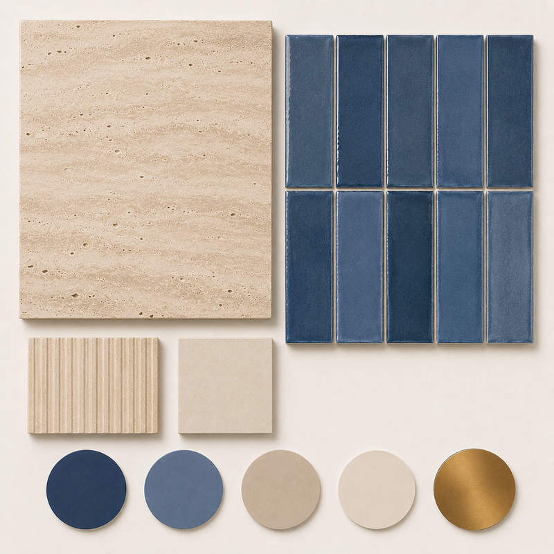 Travertino per bagno con piastrelle blu e finitura ottone spazzolato